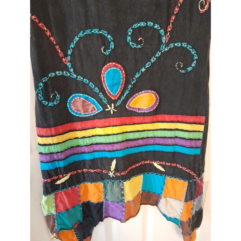 Rising International Dress Black Knit Colorful Hippie Applique Work - Picture 2 of 10